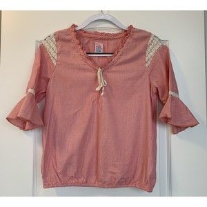 Free People Top Sz 4 Striped Red And White Lines Crochet Insets Ruffle Sleeves